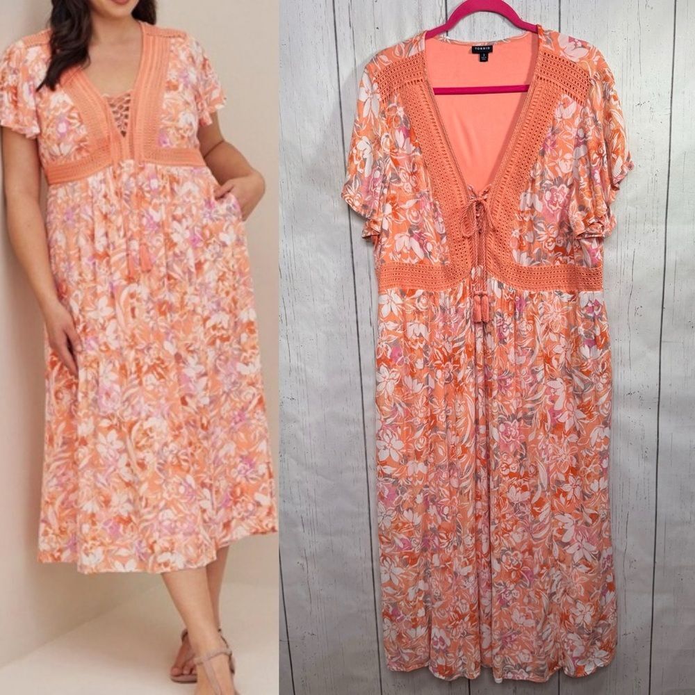 Torrid Orange Floral Cochet Midi Dress Boho Cottagecore Romantic Resort Tassel